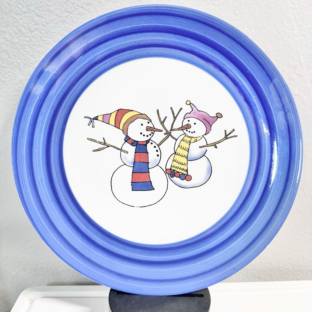 Christmas Swirl Snowman Dinner Plate 10.75" Blue Hand Painted Holiday Christmas